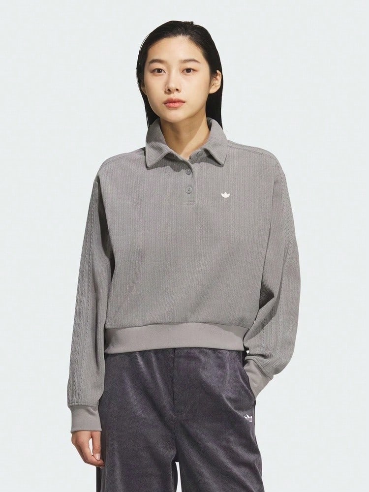 Adidas Originals Women's Chenille Polo Shirt Knitted Collar Long Sleeve TKS5981 - Grey - View 1