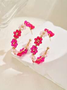 Pair Fashionable Exaggerated Colorful Floral Hoop Earrings For Women, Luxury Delicate Crystal Flower-Shape Earrings, Suitable For Daily, Vacation, Party Wear (Handmade Beads Color And Me - Rosa - Ver 5