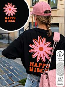 Damen Sommer 100% Baumwolle Vintage Cartoon Blumenmuster Kurzarm T-Shirt, Retro Rundhals Rückendruck Lässig Alltag Streetwear Top Urlaub Schwarz - Schwarz - Übersicht 5