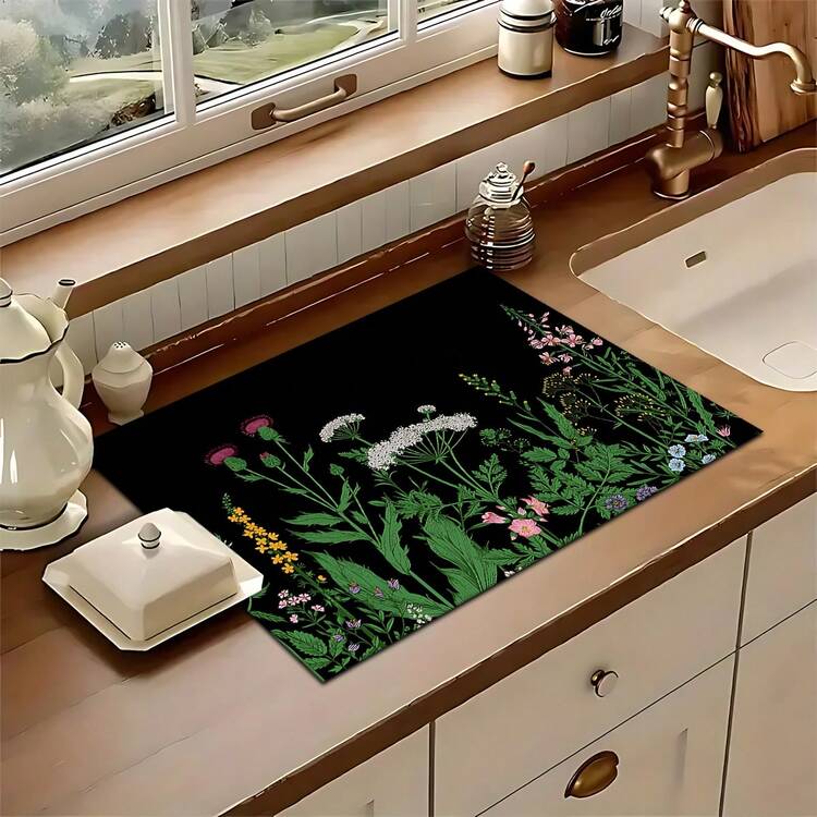 1pc, Home Decor, Plant Pattern Printed Dish Drying Mat, Espresso Machine Countertop Absorbent Mat, Sink Drainage Mat, Soft Faucet Absorbent Mat, Sink Cup Mat, Kitchen Supplies, Bathroom Supplies - Multicolor - View 7