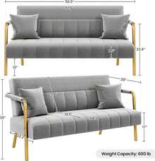 - Sofá moderno de 143.5 cm de ancho, sofá pequeño de tela de terciopelo con brazos y patas de metal dorado para sala de estar, oficina en casa, estudio rosa - Gris,claro - Ver 4