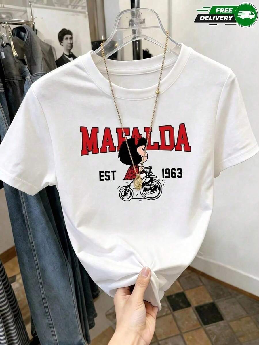 Playera Estampada con Diseño de Niña En Bici Cuello Redondo Básica Streetwear Casual Estilo Retro Vintage Juvenil Aesthetic Novedad - Blanco - Ver 1