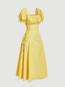MOD Vestido de longitud media con cuello cuadrado, mangas de pétalo y cintura con lazo en unicolor para mujer - Multicolor - Ver 5