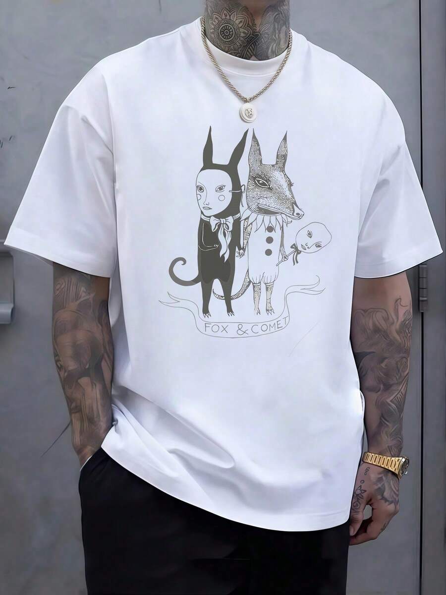 Representación artística de un zorro y un cometa unidos en mística danza simbolizando dualidad cósmica y conexión universal camiseta de hombre - Blanco - Ver 1
