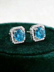 Pendientes de Plata S925 Chapados en Oro de 18K con Circonita Cúbica Cuadrada, Accesorios Hipoalergénicos con Caja de Regalo, para Regalos de Acción de Gracias y Festividades - Azul - Ver 4