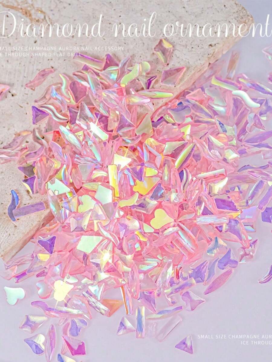 100pcs Bagged Small Flat Back Rhinestones Nail Art Decor Asymmetrical Colorful Aurora Rhinestones Multicolor Heart Water Drop Nail Charms - Baby Pink - View 1