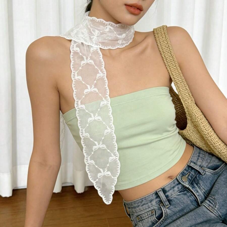 1pc Pastoral Bow Pattern Choker Scalloped Trim Long Pointed Drop Ribbon Collar For Summer Vacation Casual Street Outfit Fresh Girly Aesthetic Accessor - White - View 1