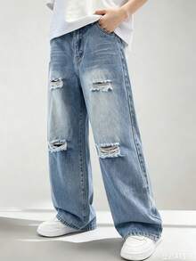 Tween Boy Casual Washed Distressed Wide Leg Denim Jeans - Dark Wash - View 12