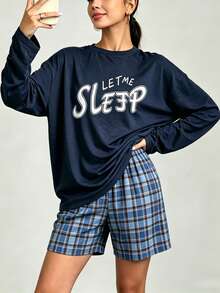 2件組女款長袖格紋短褲休閒家居服套裝，舒適居家穿著，透氣材質，日常舒適穿搭 - 藏蓝色 - 查看 1