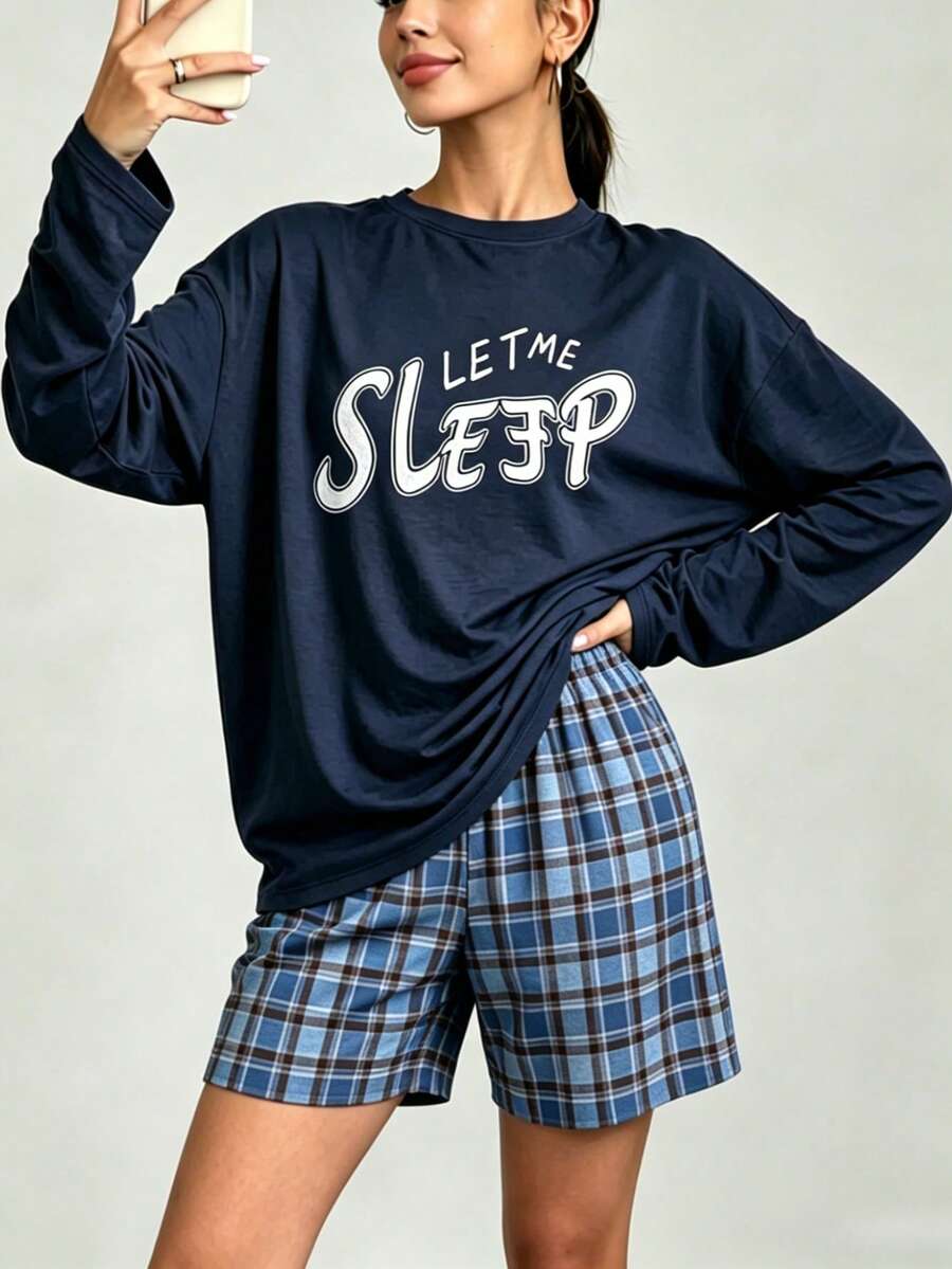 2件組女款長袖格紋短褲休閒家居服套裝,舒適居家穿著,透氣材質,日常舒適穿搭 - 藏蓝色 - 查看 1