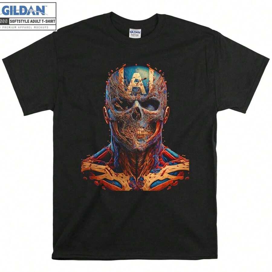 Playera Juvenil Estampado Calavera Biomecánica Manga Corta Cuello Redondo Moda Estilo Vintage Rock Urbano Verano Urbana Top - Negro - Ver 1