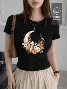 SHENDY VENDY Women's T-Shirt, 100% Cotton, Short Sleeves, Round Neck, Soft And Comfortable. Botanical Design With A Floral Crescent Moon, Natural And Elegant Style. - 黑色 - 查看 1
