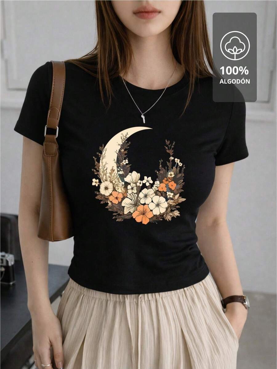 SHENDY VENDY Women's T-Shirt, 100% Cotton, Short Sleeves, Round Neck, Soft And Comfortable. Botanical Design With A Floral Crescent Moon, Natural And Elegant Style. - 黑色 - 查看 1