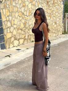 Brown Pinstripe Wide Leg Pants, Relaxed Fit Elastic Waist Casual Trousers, Summer Vacation Versatile Slimming Floor-Length Pants - Brown - View 3