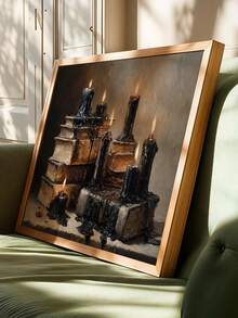 1pc Canvas Wall Art, Framed Wall Decor, Dark Academia Style Vintage Melting Black Candle And Old Book Still Life, Atmospheric Gothic Library Aesthetic Decorative Painting, Suitable For Modern Home Decor, Room Decor, Dorm Decor, Bedroom Decor, Living Room Decor, Bathroom Decor, Kitchen Decor, Dining Room Decor, Office Decor, School Decor, Classroom Decor, Back To School Decor - Candles and Ancient Books - View 2