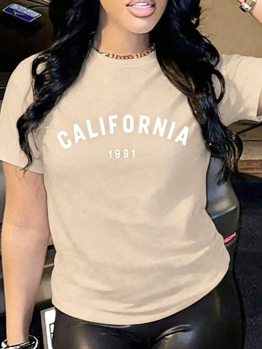 Soft | 1 Women's T-Shirt 100% Breathable Cotton | Casual Loose Fit Short Sleeve Crew Neck T-Shirt For Women With "CALIFORNIA 1991" Print - 杏色 - 查看 1