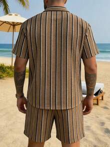 Men's Summer New Knit Random Striped Texture Collared Short Sleeve Shirt With Matching Drawstring Shorts Plus Size 2-Piece Set - Coffee Brown - View 3
