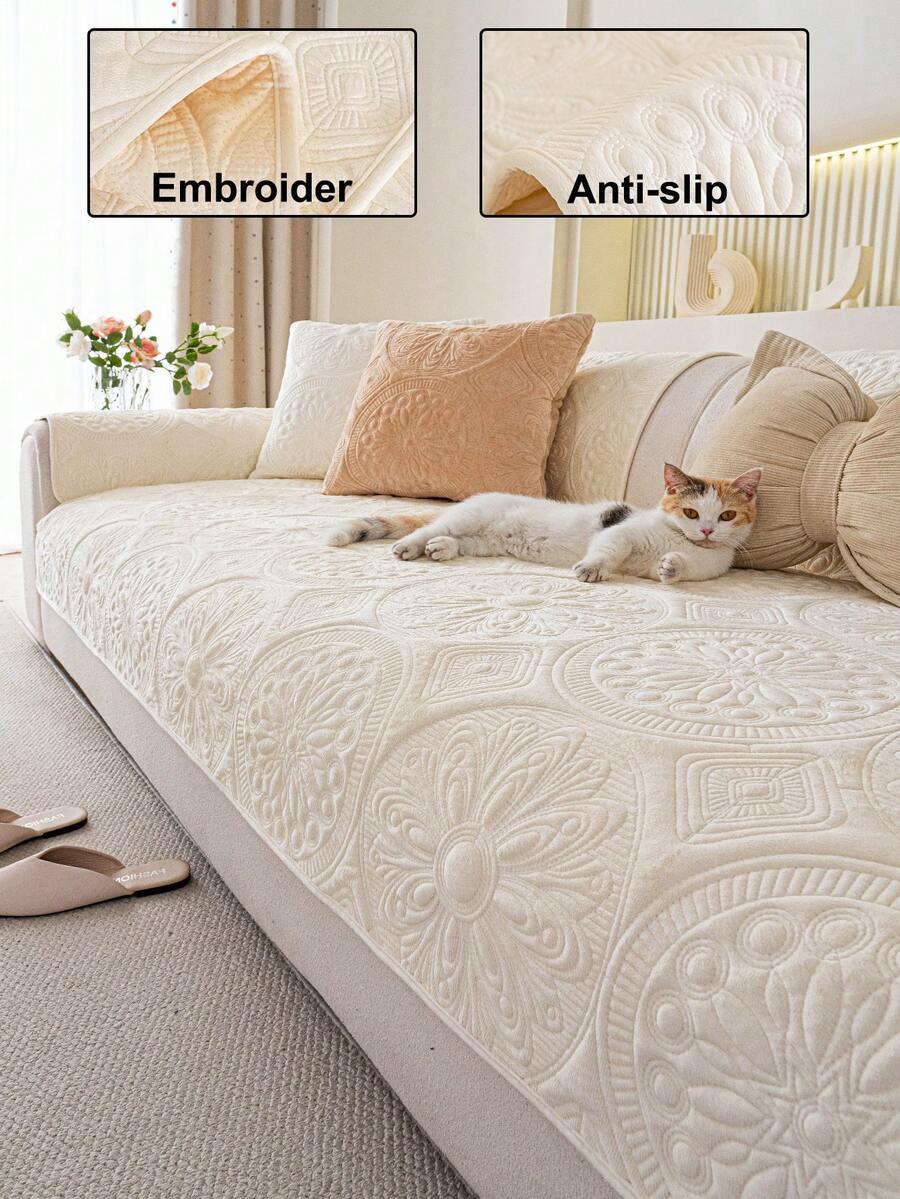 1pc Geometric 3D Solid Color Dutch Velvet Quilted Embroidered Sofa Cushion, Minimalist Style, Non-Slip Back, Pet Friendly, Soft Multi-Functional Stain-Resistant Dust-Proof, Holiday Decor Sofa Cushion, Backrest Cover Armrest Cover Universal, All Season Sofa Cover - Beige - View 1