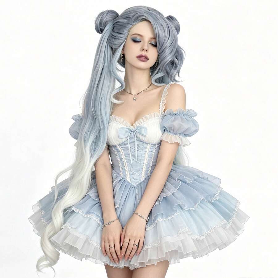 Peruca de Anime Cosplay Pré-Estilizada Ombré Prateado para Branco Longa e Cacheada com Duas Caudas, Coques Duplos e Franja para Personagens Femininas em Temas de Fantasia ou Ídolo, Cabelo Sintético Premium Resistente ao Calor com Maria-Chiquinhas Volumosas e Pontas Onduladas para Uso Diário, Festa e Halloween - Multicolorido - Visão 1