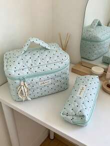 Cute Heart Quilted Makeup Bag Light Blue Polka Dot Cotton Cosmetic Organizer Case Portable Large Capacity Travel Toiletry Bag With Inner Mesh Pocket - Baby Blue - View 14