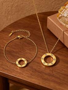 Vintage Fashion Luxury Large Hoop Necklace And Bracelet 2-Piece Set For Women, Gold-Tone Large Disc Diamond Necklace Jewelry Set, Minimalist Hollow Circle Collarbone Chain And Delicate Bracelet, European And American Commuter Versatile High-End Accessory, Influencer Style, Exquisite Gift Box For Girlfriend, Best Friend, Valentine's Day - Full Diamond Version - View 1
