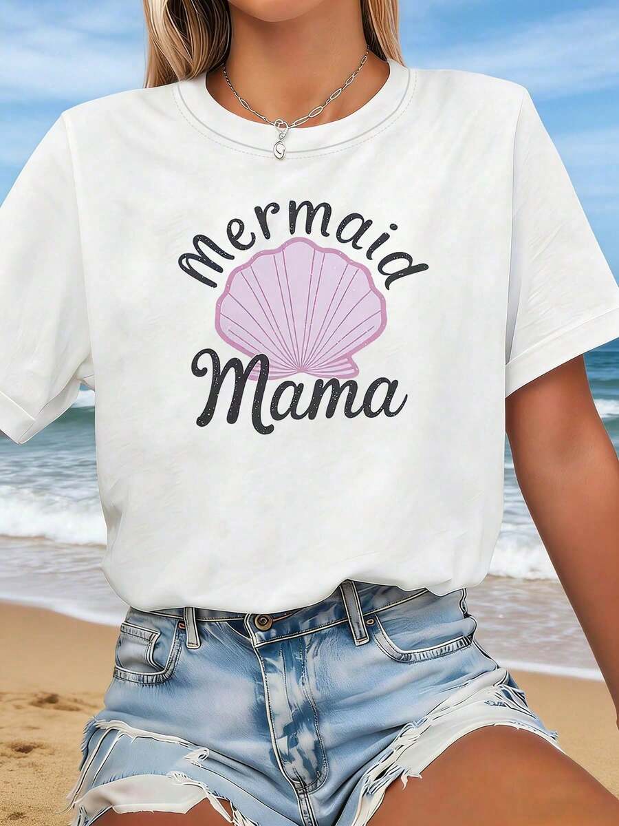 Camiseta Gráfica Estampado Concha Sirena Manga Corta Cuello Redondo Estilo Urbano Casual Moda Streetwear Verano Aesthetic Urbana - Blanco - Ver 1