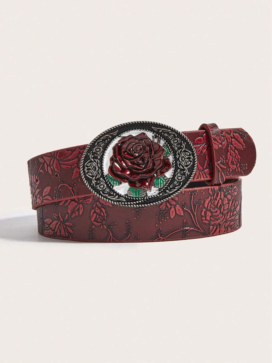 1pc Men's Belt, Fashionable Western Style Rose Flower Buckle, Red PU Embossed Strap, Suitable For Jeans Decoration Accessory - A - View 1