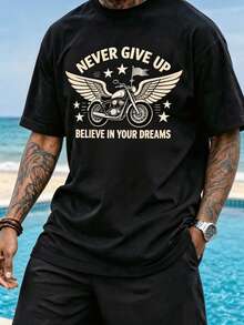 Conjunto de Camiseta y Pantalones Cortos para Hombre, para Comodidad y Estilo Diario, con Estampado "Never Give Up". Camisas Divertidas Estampadas para Hombre, para el Verano. - Negro - Ver 1