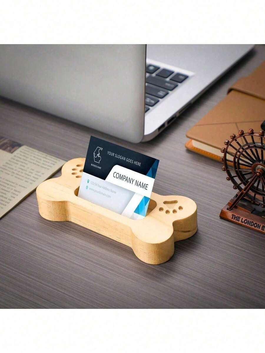 1pc Wooden Business Card Holder Engraved With Dog Bone Design And Paw Prints - Tabletop Display Stand For Cards, Pets, Card Holders(Natural Wood Has Different Growth Patterns) - A - View 1