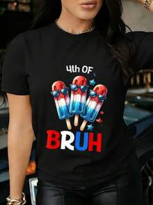 Women's Ice Cream Print T-Shirt For The 4th Of July - Red And White, Ideal For 4th Of July Parties, Casual Short Sleeve T-Shirt With Regular Fit And Crew Neck, Non-Stretch - 黑色 - 查看 1