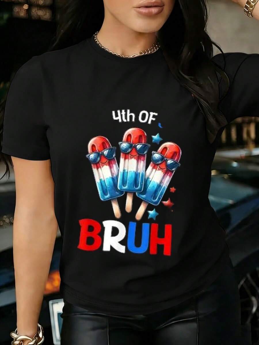 Women's Ice Cream Print T-Shirt For The 4th Of July - Red And White, Ideal For 4th Of July Parties, Casual Short Sleeve T-Shirt With Regular Fit And Crew Neck, Non-Stretch - 黑色 - 查看 1
