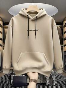 Men's Letter Print Long Sleeve Drawstring Pocket Hoodie, Back To School Season - Apricot - View 1