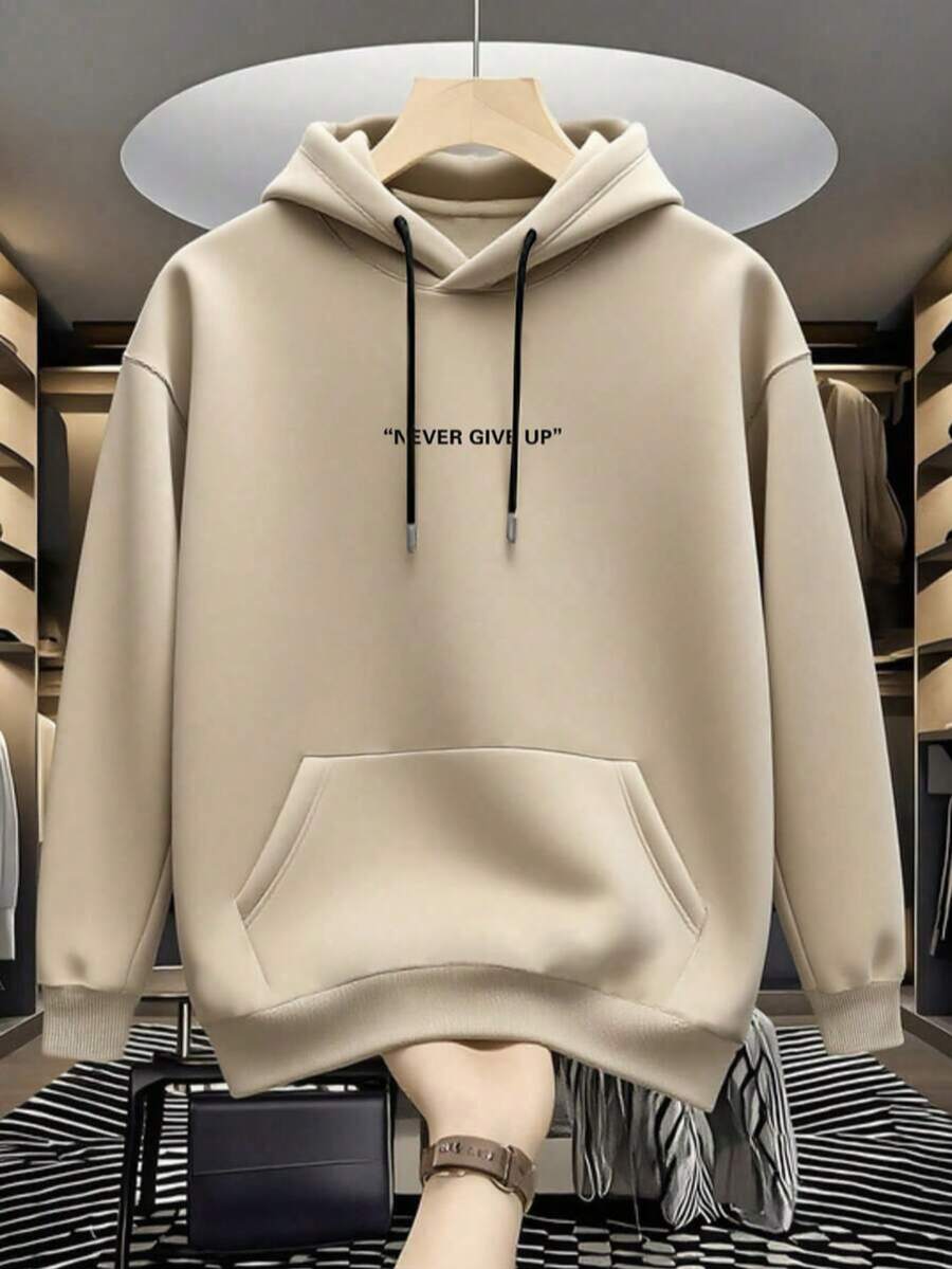 Men's Letter Print Long Sleeve Drawstring Pocket Hoodie, Back To School Season - Apricot - View 1