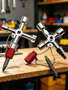 4 Way Sillcock Key Cross Key Zinc Alloy Multifunction Universal Key 4 In 1 Wrench Key For Plumbers Electricians Train Door Electrical Cupboard Box Elevator Water Meter Valve - A - View 1