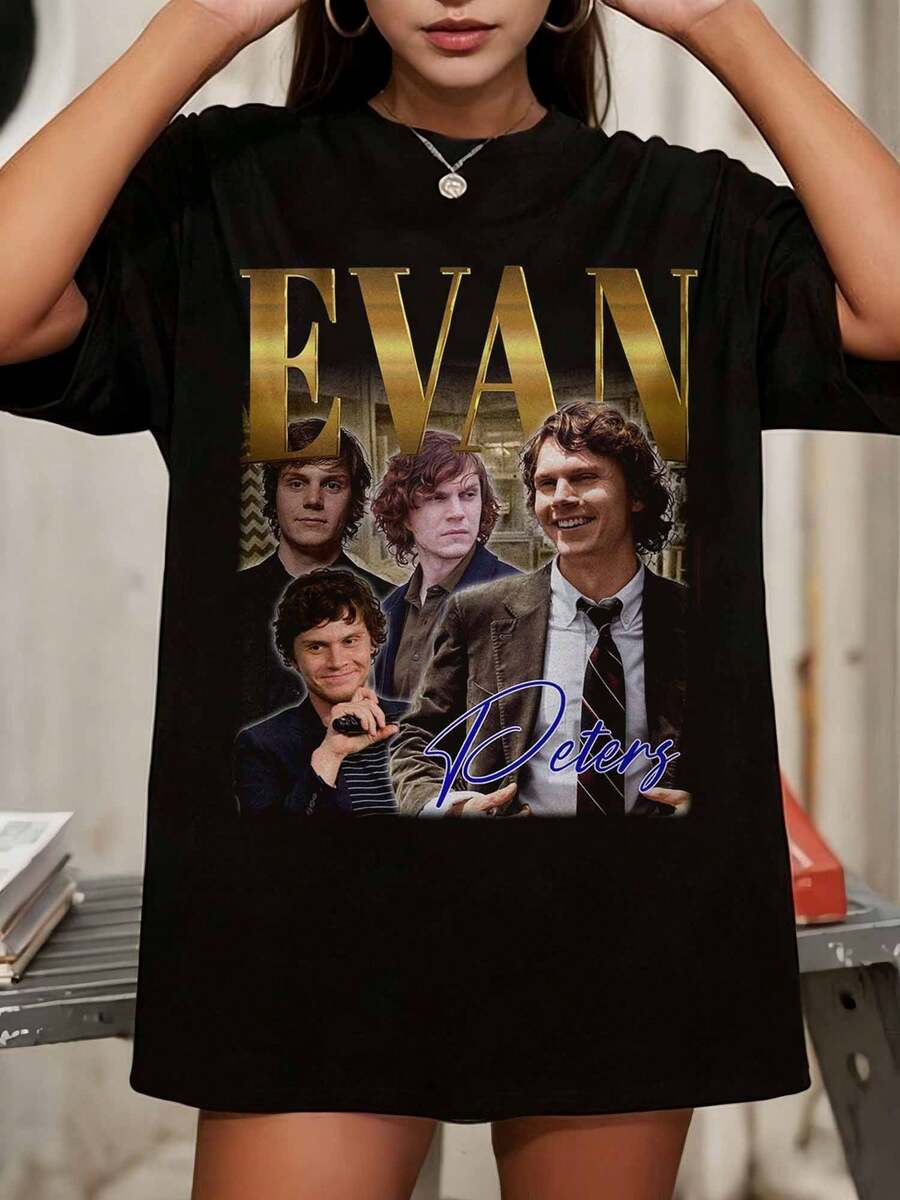 Evan Peters Shirt Vintage 90s Retro Graphic T-Shirt, Classic Bootleg Rap Style Tee - 黑色 - 查看 1