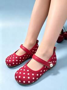 1 Pair Girls 3-13,Red White Polka Dot Single Strap Mary Jane Flats, Pearl Decor Kids Cloth Shoes, Soft Non-Slip Sole For Daily, Wedding & Photo Shoots - Red - View 2