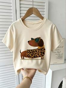 Girls Fashion Leopard Dachshund Fashion Glasses Front Print T-Shirt, Kid Casual Loose Short Sleeve Summer Puppy Tee - Apricot - View 2