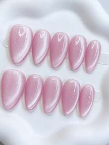 Shecas 10 piezas de uñas postizas de alta calidad con forma de almendra, uñas cortas con efecto ojo de gato, uñas nude estilo Y2K, uñas de verano, uso diario, graduación, viajes, vacaciones, regalos, adecuadas para fiestas y festivales de música, uñas rosa nude - Multicolor - Ver 2