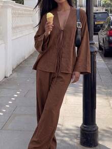 Brown Loose-Fit Pantsuit, Women's Casual V-Neck Long Batwing Sleeve Tie-Waist Shirt Set, Spring And Autumn Fashion Outfit Elegant - Brown - View 6
