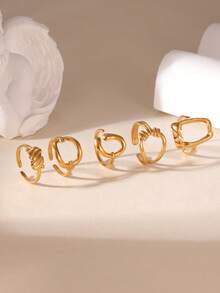 GEREIT 5pcs Fashion Minimalist 18K Gold Plated Stainless Steel Geometric Asymmetrical Open Ring Set, Suitable For Women's Daily And Vacation Wear - Gold - View 5