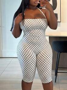 Mono entallado para mujer, bandeau con cuello halter, lunares, cintura ajustada con elástico, largo capri, ideal para noche, citas, calle y look Y2K casual. - Blanco - Ver 5