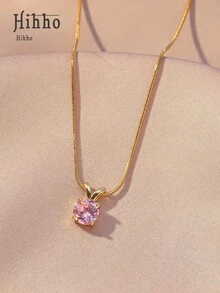 Hihho pieza Collar Minimalista de Moda con Colgante de Circonita, Cadena de Serpiente de Acero Inoxidable en Tono Dorado, Collar Delicado para Mujer - Rosa 2 - Ver 10