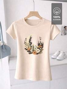 SHENDY VENDY Women's T-Shirt, 100% Cotton, Short Sleeves, Round Neck, Soft And Comfortable. Botanical Design With A Floral Crescent Moon, Natural And Elegant Style. - 淺米色 - 查看 2