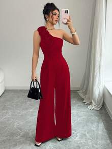 Women's Solid Color Jumpsuit With Asymmetrical Neckline, Sleeveless And With 3D Floral Print - 紅色 - 查看 1