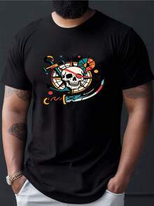 diseño de calavera pirata + eslogan de estilo náutico, camiseta para adulto con diseño de ancla náutica, manga corta, camiseta de moda para hombre, versátil para uso diario - Negro - Ver 1