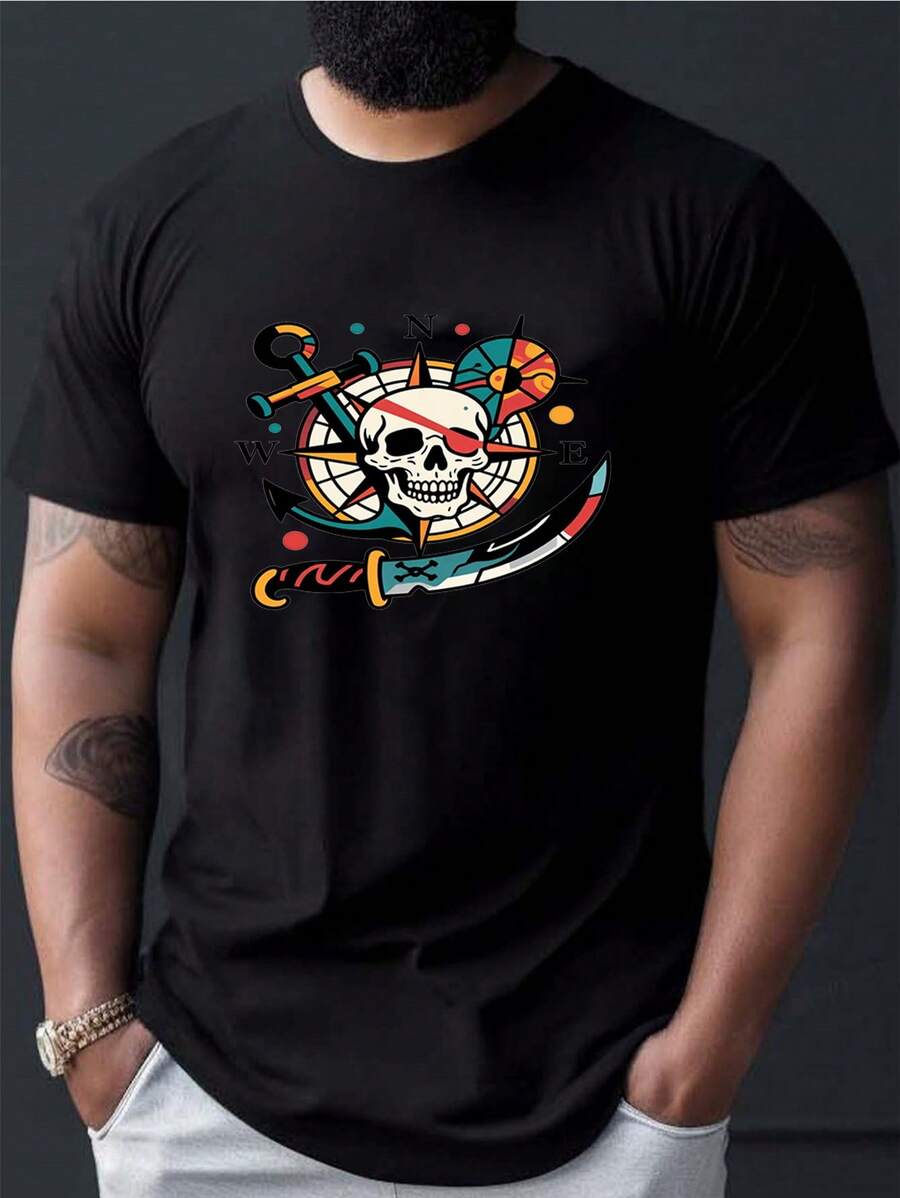 diseño de calavera pirata + eslogan de estilo náutico, camiseta para adulto con diseño de ancla náutica, manga corta, camiseta de moda para hombre, versátil para uso diario - Negro - Ver 1