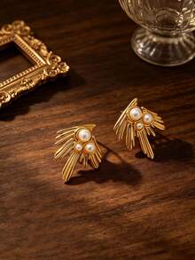 1pc Stainless Steel Gold Wing Shape, Thick Design, Anti-Fading, Inlaid With High-Quality Artificial Pearls, Suitable For Women's Daily Decoration Or Gift - Gold - View 2