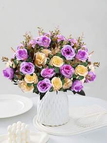 1 pieza Ramo de rosas artificiales, plantas falsas, flores artificiales, para decoración del hogar, decoración de bodas, decoración de primavera, decoración de habitaciones, suministros de cocina, restaurante, decoración de dormitorios, decoración del Día de San Valentín, decoración de Año Nuevo - Morado - Ver 1
