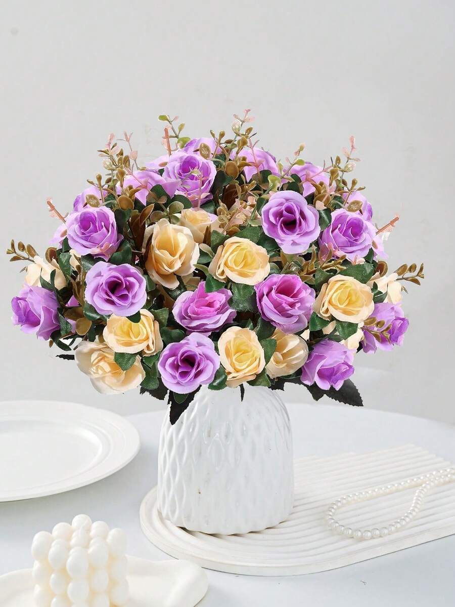 1 pieza Ramo de rosas artificiales, plantas falsas, flores artificiales, para decoración del hogar, decoración de bodas, decoración de primavera, decoración de habitaciones, suministros de cocina, restaurante, decoración de dormitorios, decoración del Día de San Valentín, decoración de Año Nuevo - Morado - Ver 1