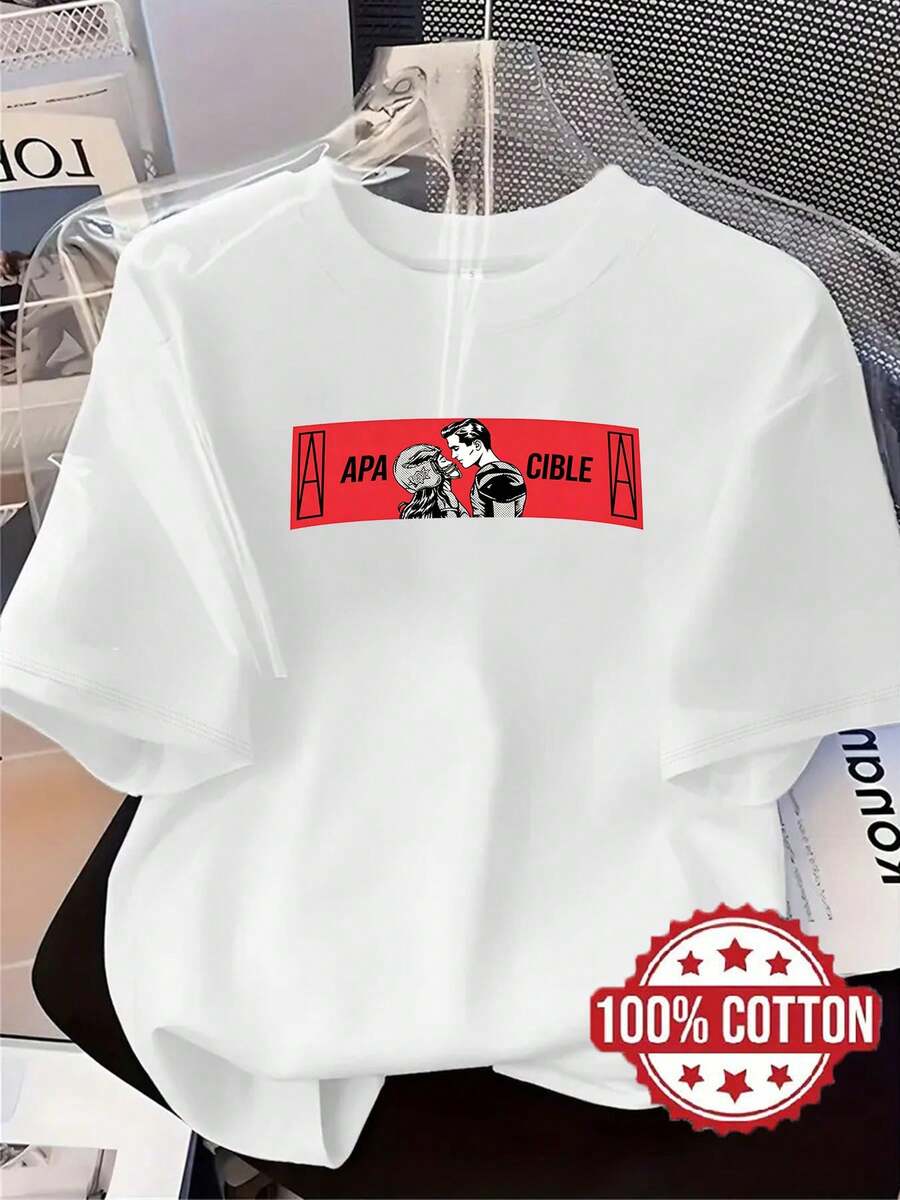 Camiseta TH539 Nueva Camiseta para Mujer, Diseño Estampado de Retrato y Letras en Rojo, Camiseta Casual a la Moda, 100% Cuello Redondo y Manga Corta, Absorbente de Sudor y Transpirable, Ropa